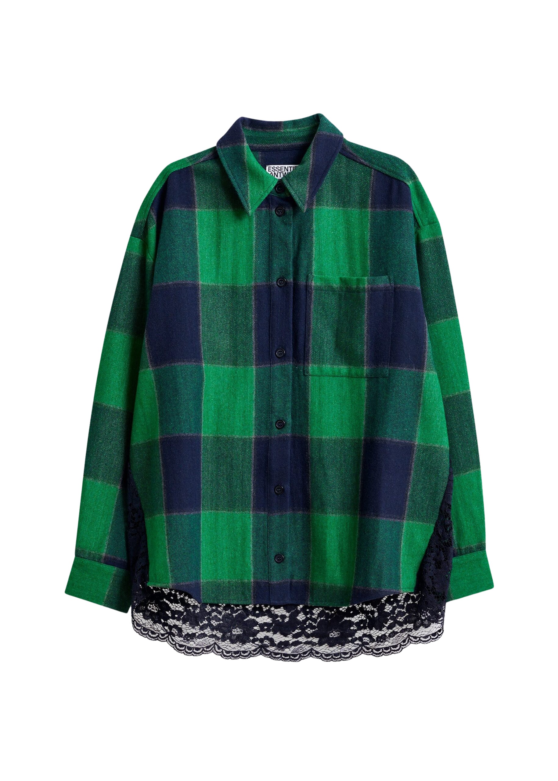 Essentiel Antwerp Green and navy wool-blend checked flannel with lace back panel Knit