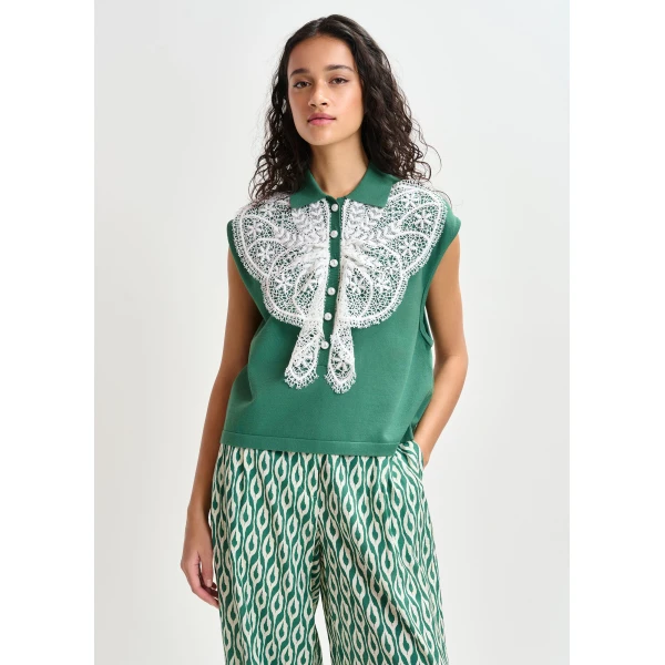 Essentiel Antwerp Green and white sleeveless polo with lace details and pearl buttons - Essentiel Antwerp Tops - Colorful Belgian Design - Shop at Luxury Shoes 
