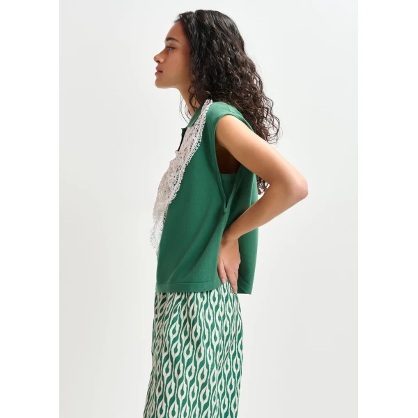 Essentiel Antwerp Green and white sleeveless polo with lace details and pearl buttons - Essentiel Antwerp Tops - Colorful Belgian Design - Shop at Luxury Shoes 