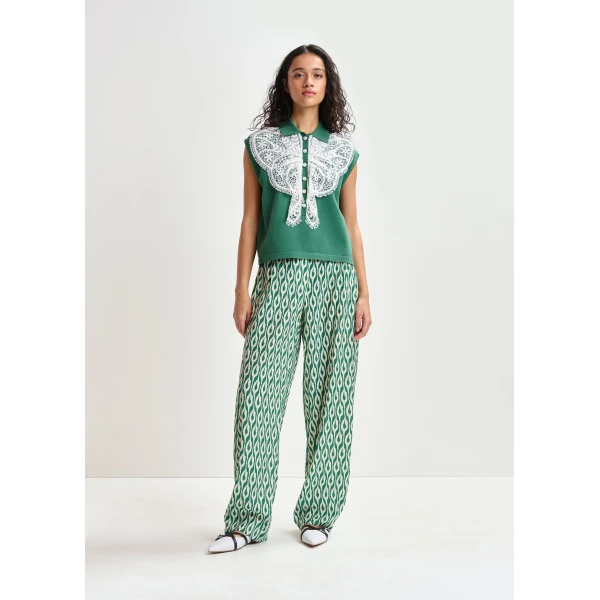 Essentiel Antwerp Green and white sleeveless polo with lace details and pearl buttons - Essentiel Antwerp Tops - Colorful Belgian Design - Shop at Luxury Shoes 