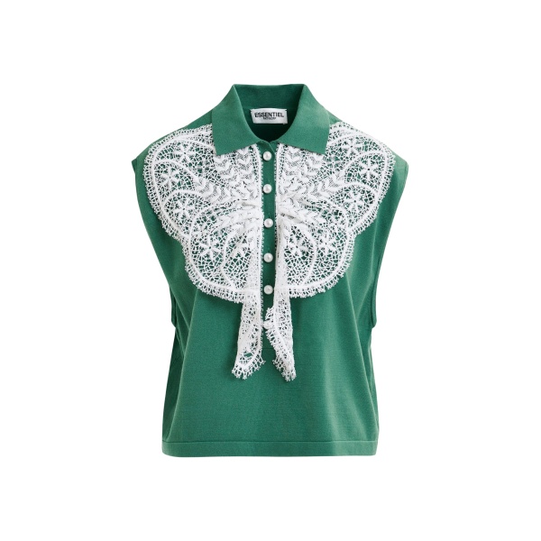 Essentiel Antwerp Green and white sleeveless polo with lace details and pearl buttons - Essentiel Antwerp Tops - Colorful Belgian Design - Shop at Luxury Shoes 