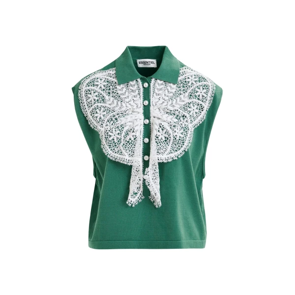 Essentiel Antwerp Green and white sleeveless polo with lace details and pearl buttons - Essentiel Antwerp Tops - Colorful Belgian Design - Shop at Luxury Shoes 