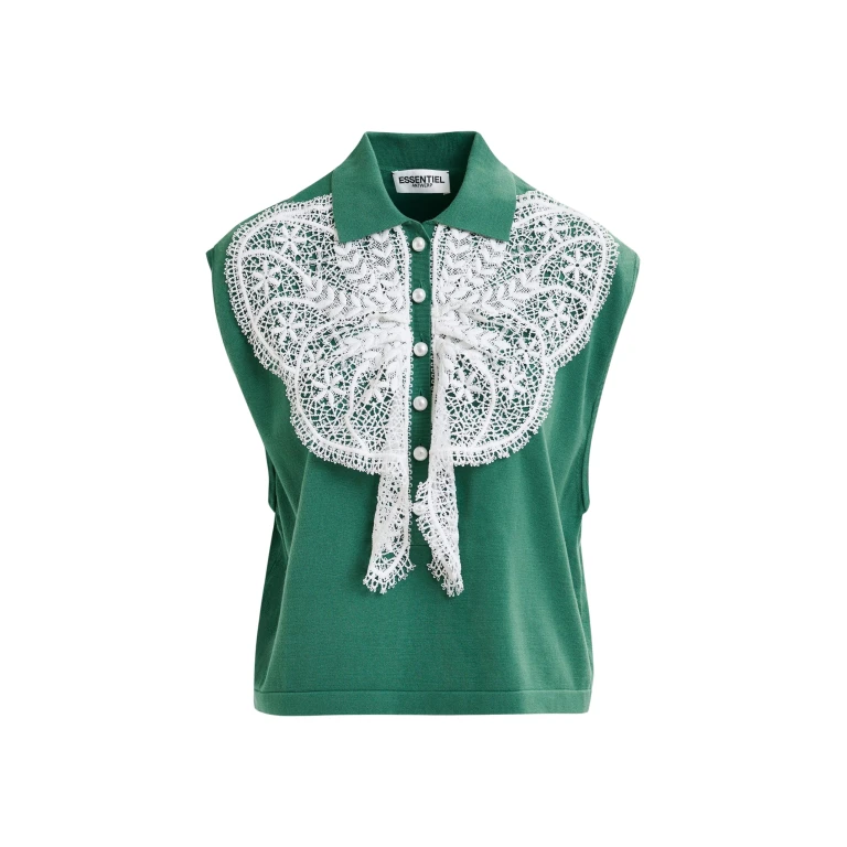 Essentiel Antwerp Green and white sleeveless polo with lace details and pearl buttons - Essentiel Antwerp Tops - Colorful Belgian Design - Shop at Luxury Shoes 