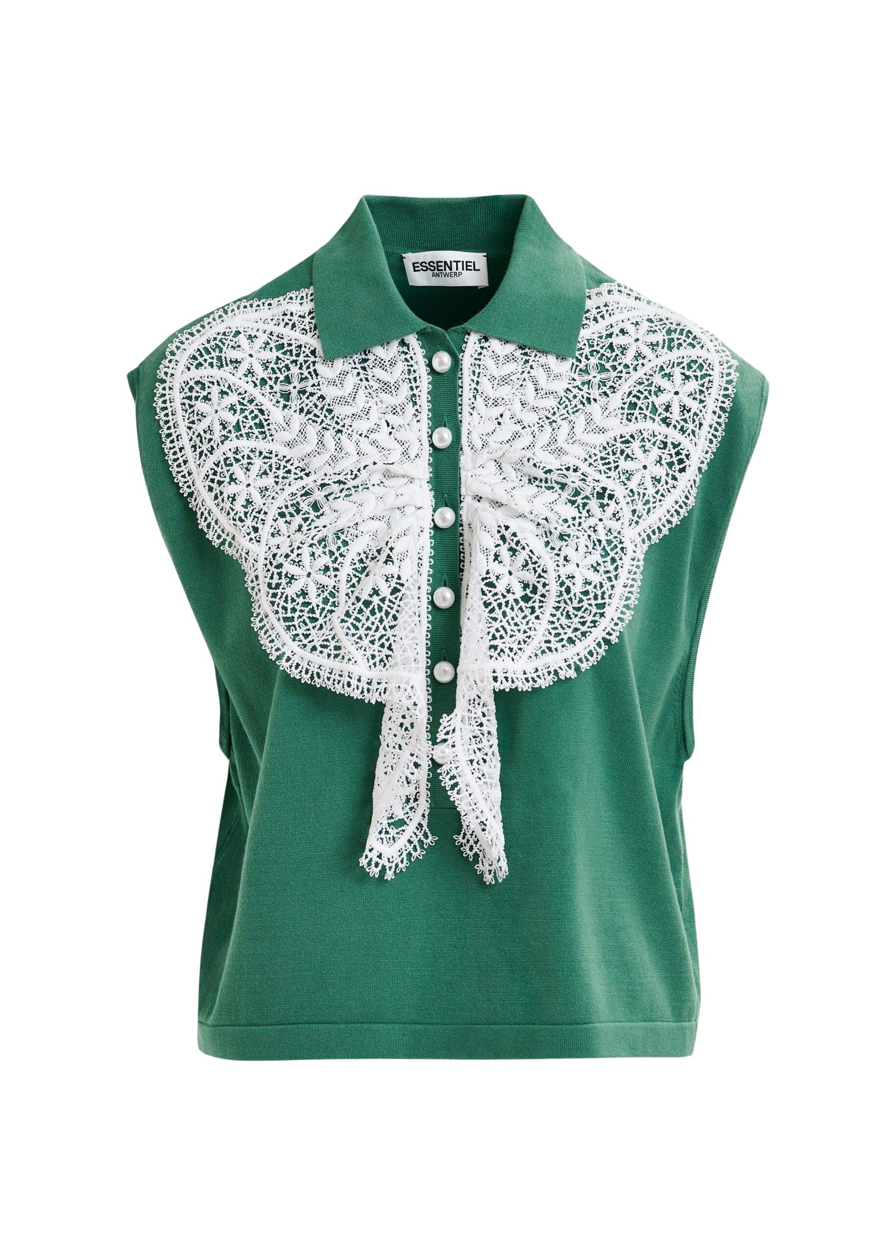 Essentiel Antwerp Green and white sleeveless polo with lace details and pearl buttons Top