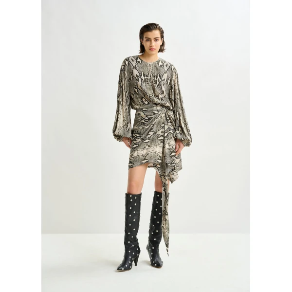 beige and black gathered mini dress with draped skirt - Essentiel Antwerp Dresses - Colorful Belgian Design - Shop at Luxury Shoes 