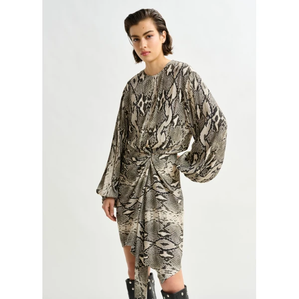 beige and black gathered mini dress with draped skirt - Essentiel Antwerp Dresses - Colorful Belgian Design - Shop at Luxury Shoes 