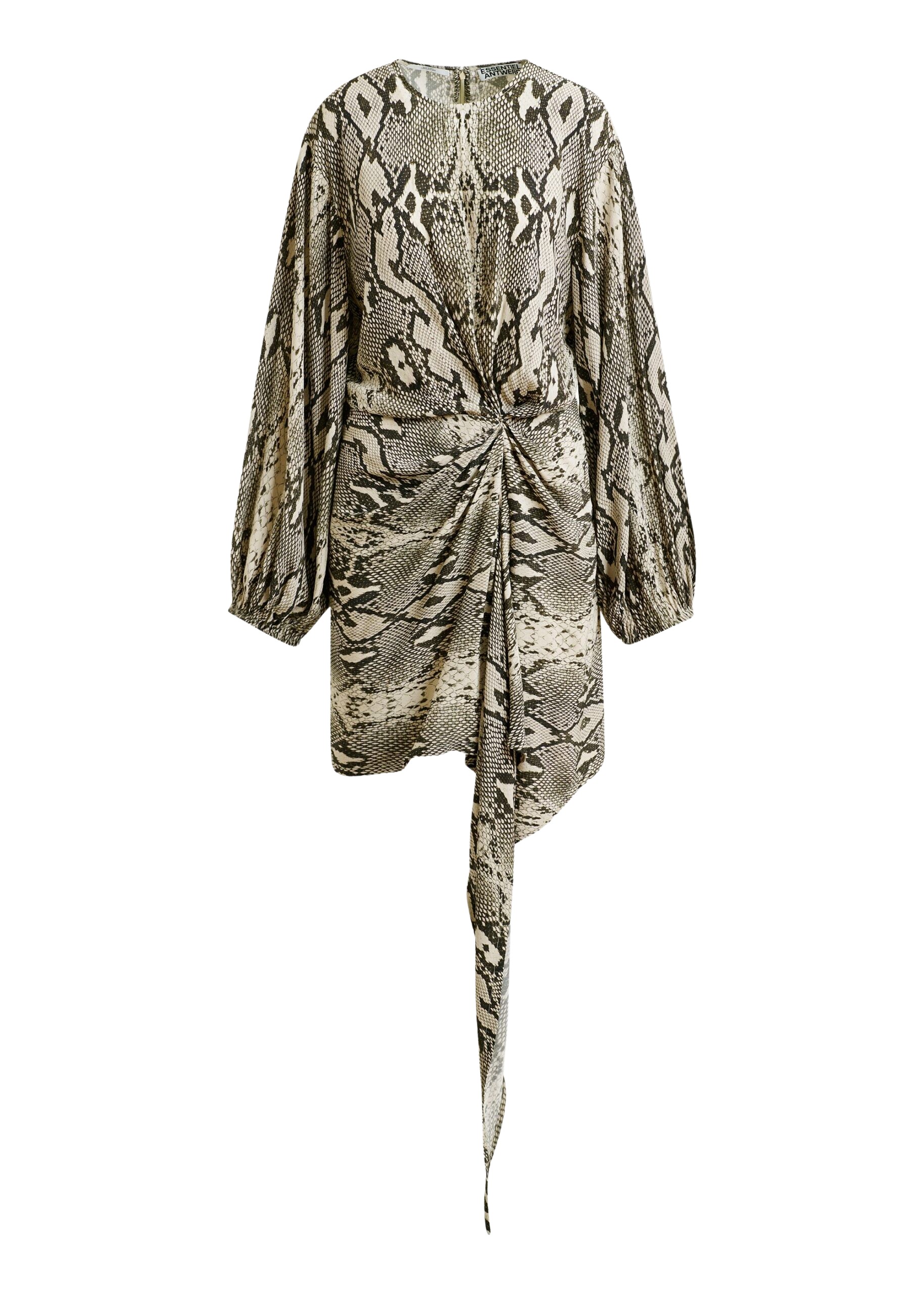 Essentiel Antwerp Green, beige and black gathered mini dress with draped skirt