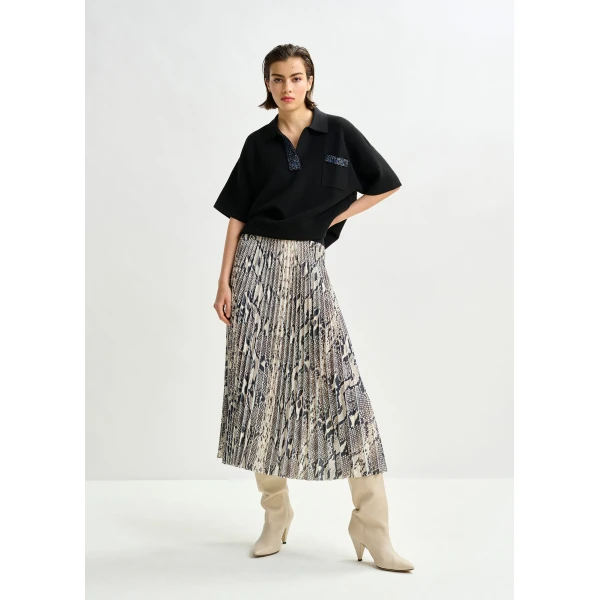 beige and black snakeprint pleated skirt - Essentiel Antwerp Skirts - Colorful Belgian Design - Shop at Luxury Shoes 
