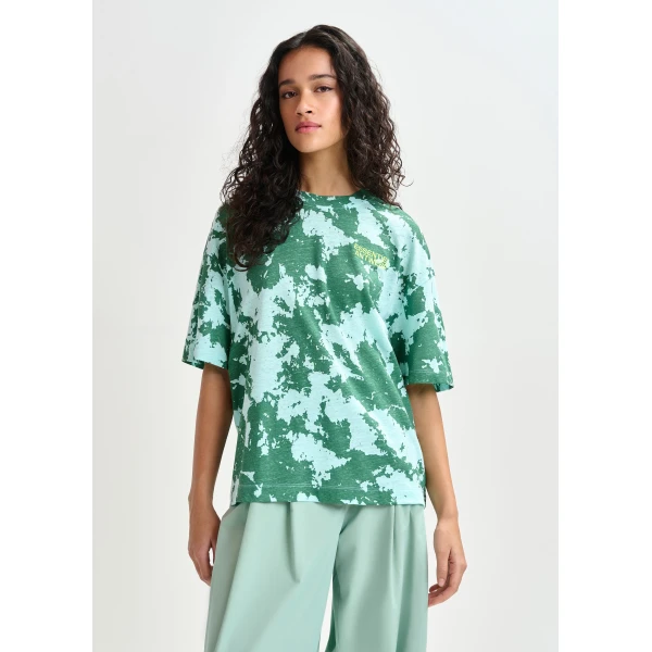 blue and yellow oversized cotton-linen blend T-shirt with embroidery - Essentiel Antwerp Shirts - Colorful Belgian Design - Shop at Luxury Shoes 
