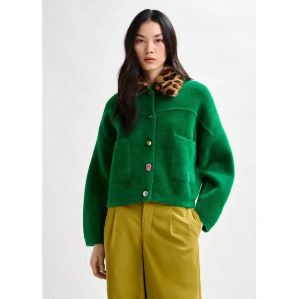 Essentiel Antwerp Green cardigan with removable leopard faux fur collar - Essentiel Antwerp Knitwear - Colorful Belgian Design - Shop at Luxury Shoes 
