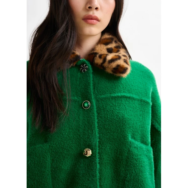 Essentiel Antwerp Green cardigan with removable leopard faux fur collar - Essentiel Antwerp Knitwear - Colorful Belgian Design - Shop at Luxury Shoes 