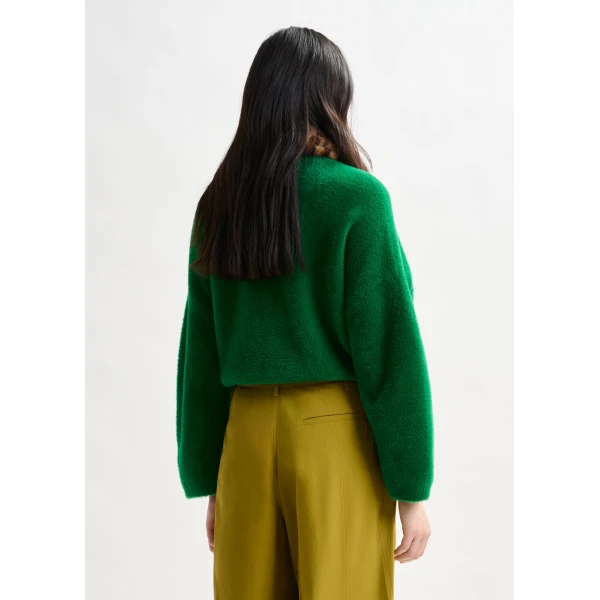 Essentiel Antwerp Green cardigan with removable leopard faux fur collar - Essentiel Antwerp Knitwear - Colorful Belgian Design - Shop at Luxury Shoes 