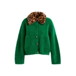 Essentiel Antwerp Green cardigan with removable leopard faux fur collar - Essentiel Antwerp Knitwear - Colorful Belgian Design - Shop at Luxury Shoes 