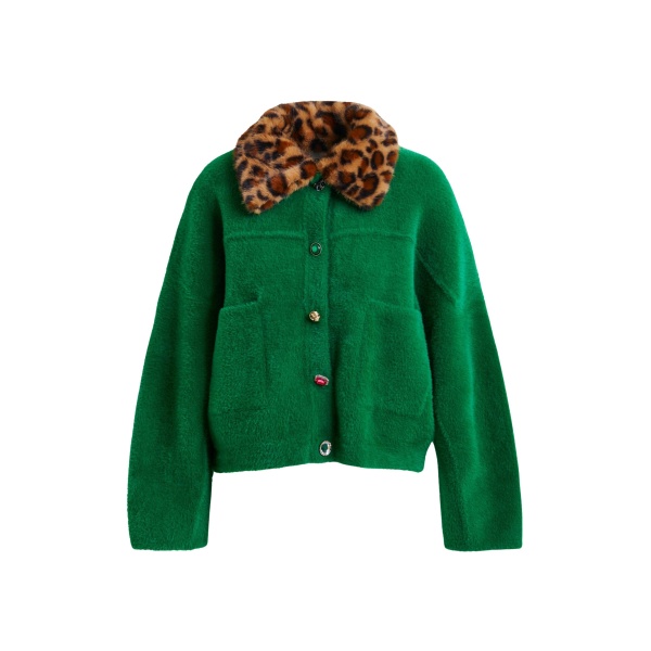 Essentiel Antwerp Green cardigan with removable leopard faux fur collar - Essentiel Antwerp Knitwear - Colorful Belgian Design - Shop at Luxury Shoes 
