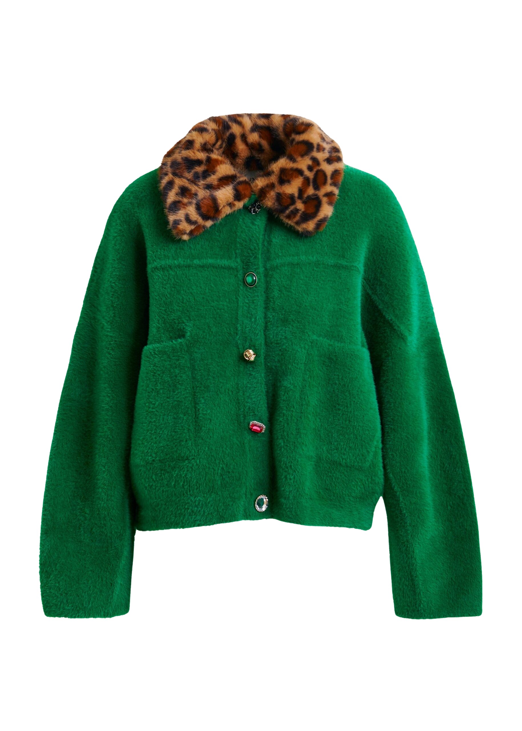 Essentiel Antwerp Green cardigan with removable leopard faux fur collar