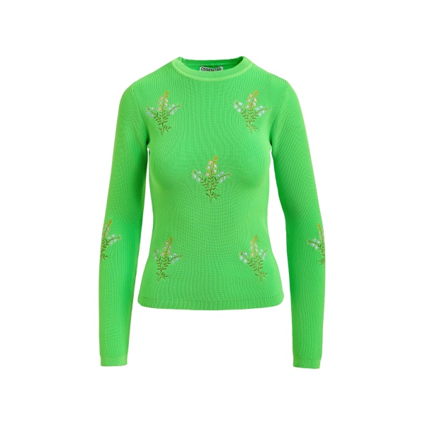 Essentiel Antwerp Green knitted sweater with floral embroideries - Essentiel Antwerp Knitwear - Colorful Belgian Design - Shop at Luxury Shoes 