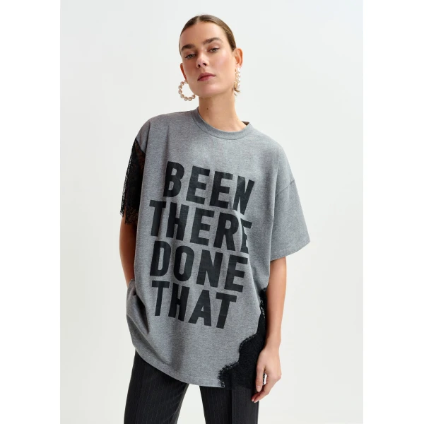 Essentiel Antwerp Grey and black graphic cotton T-shirt with lace details - Essentiel Antwerp Shirts - Colorful Belgian Design - Shop at Luxury Shoes 
