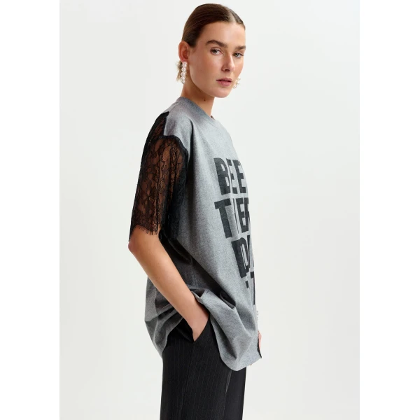 Essentiel Antwerp Grey and black graphic cotton T-shirt with lace details - Essentiel Antwerp Shirts - Colorful Belgian Design - Shop at Luxury Shoes 