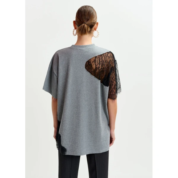 Essentiel Antwerp Grey and black graphic cotton T-shirt with lace details - Essentiel Antwerp Shirts - Colorful Belgian Design - Shop at Luxury Shoes 