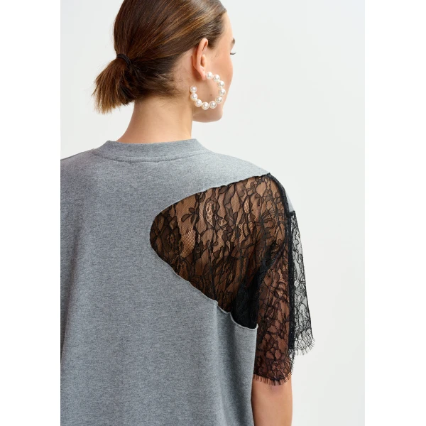 Essentiel Antwerp Grey and black graphic cotton T-shirt with lace details - Essentiel Antwerp Shirts - Colorful Belgian Design - Shop at Luxury Shoes 