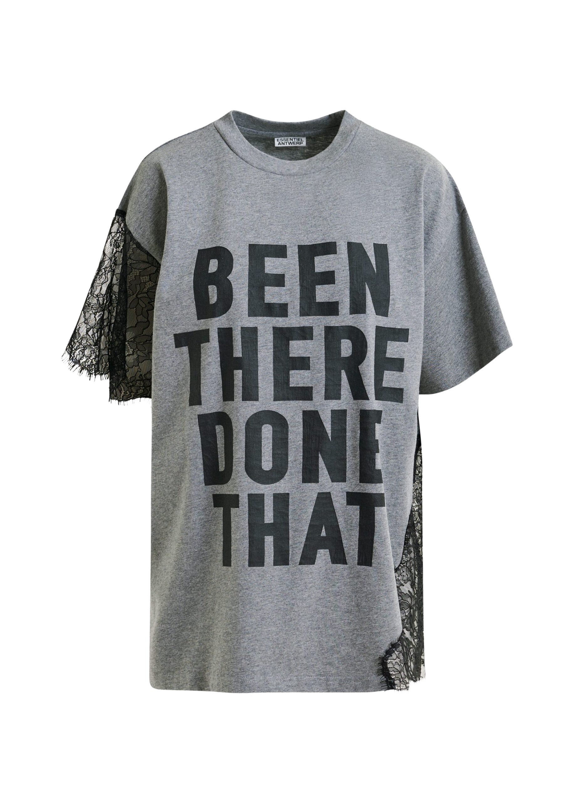 Essentiel Antwerp Grey and black graphic cotton T-shirt with lace details Top
