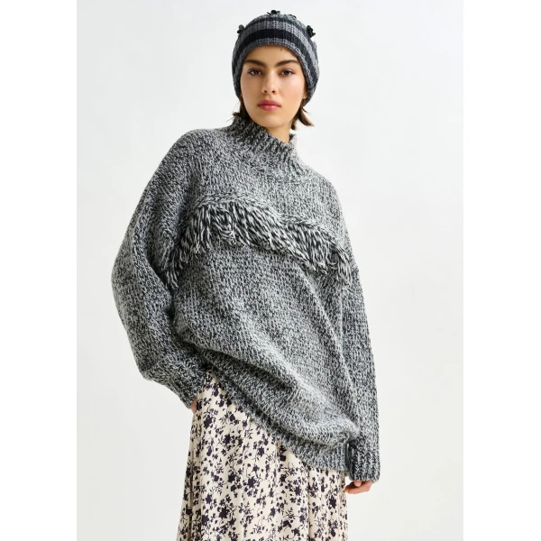 Essentiel Antwerp Grey and black wool-blend sweater with fringe details - Essentiel Antwerp Knitwear - Colorful Belgian Design - Shop at Luxury Shoes 