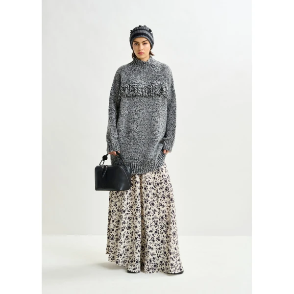 Essentiel Antwerp Grey and black wool-blend sweater with fringe details - Essentiel Antwerp Knitwear - Colorful Belgian Design - Shop at Luxury Shoes 