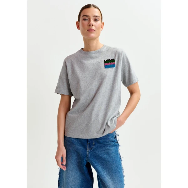 Essentiel Antwerp Grey and multicolor cotton T-shirt with sequin embroidery - Essentiel Antwerp Shirts - Colorful Belgian Design - Shop at Luxury Shoes 
