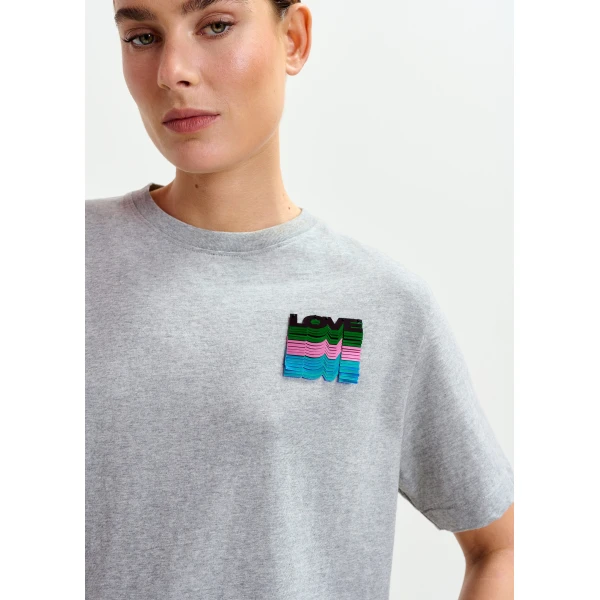 Essentiel Antwerp Grey and multicolor cotton T-shirt with sequin embroidery - Essentiel Antwerp Shirts - Colorful Belgian Design - Shop at Luxury Shoes 