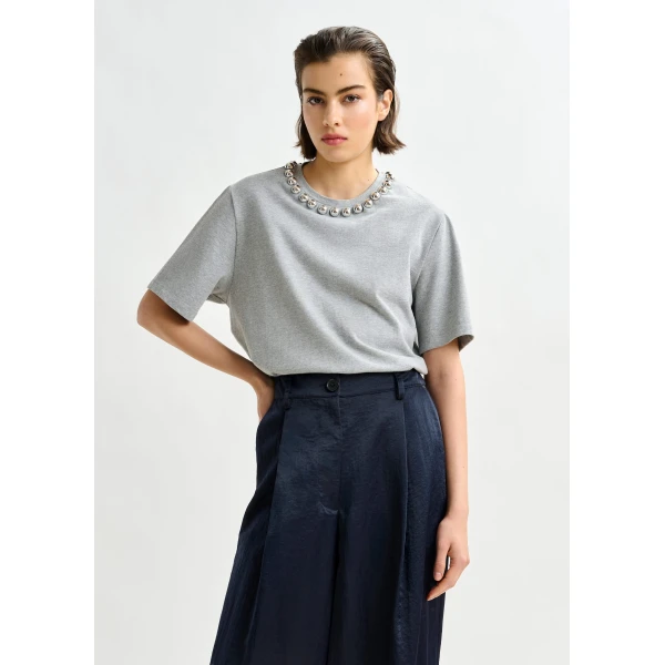 Essentiel Antwerp Grey and silver cotton T-shirt with metallic pearl-style embellishments - Essentiel Antwerp Shirts - Colorful Belgian Design - Shop at Luxury Shoes 