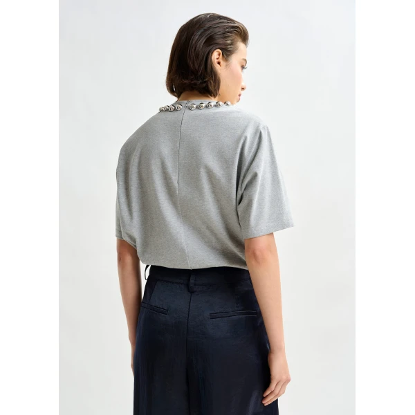 Essentiel Antwerp Grey and silver cotton T-shirt with metallic pearl-style embellishments - Essentiel Antwerp Shirts - Colorful Belgian Design - Shop at Luxury Shoes 