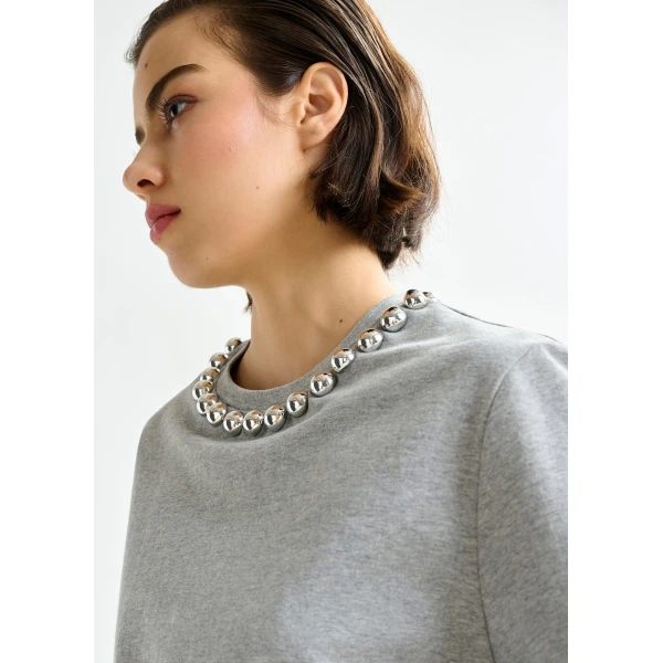 Essentiel Antwerp Grey and silver cotton T-shirt with metallic pearl-style embellishments - Essentiel Antwerp Shirts - Colorful Belgian Design - Shop at Luxury Shoes 