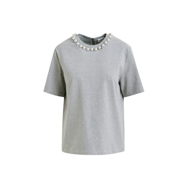 Essentiel Antwerp Grey and silver cotton T-shirt with metallic pearl-style embellishments - Essentiel Antwerp Shirts - Colorful Belgian Design - Shop at Luxury Shoes 
