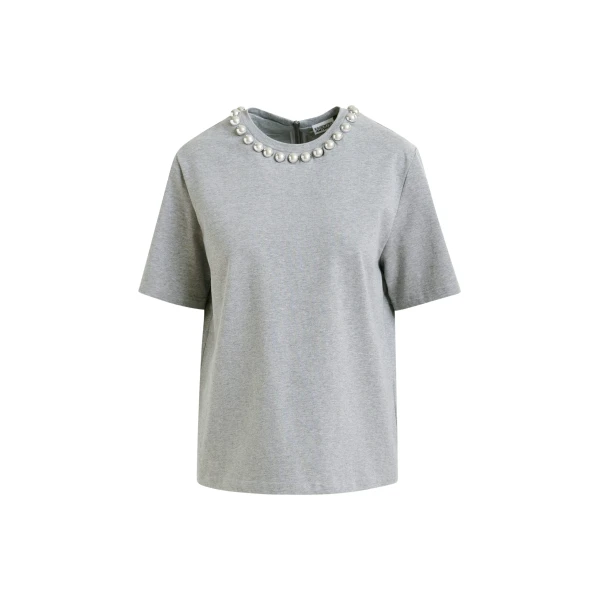 Essentiel Antwerp Grey and silver cotton T-shirt with metallic pearl-style embellishments - Essentiel Antwerp Shirts - Colorful Belgian Design - Shop at Luxury Shoes 