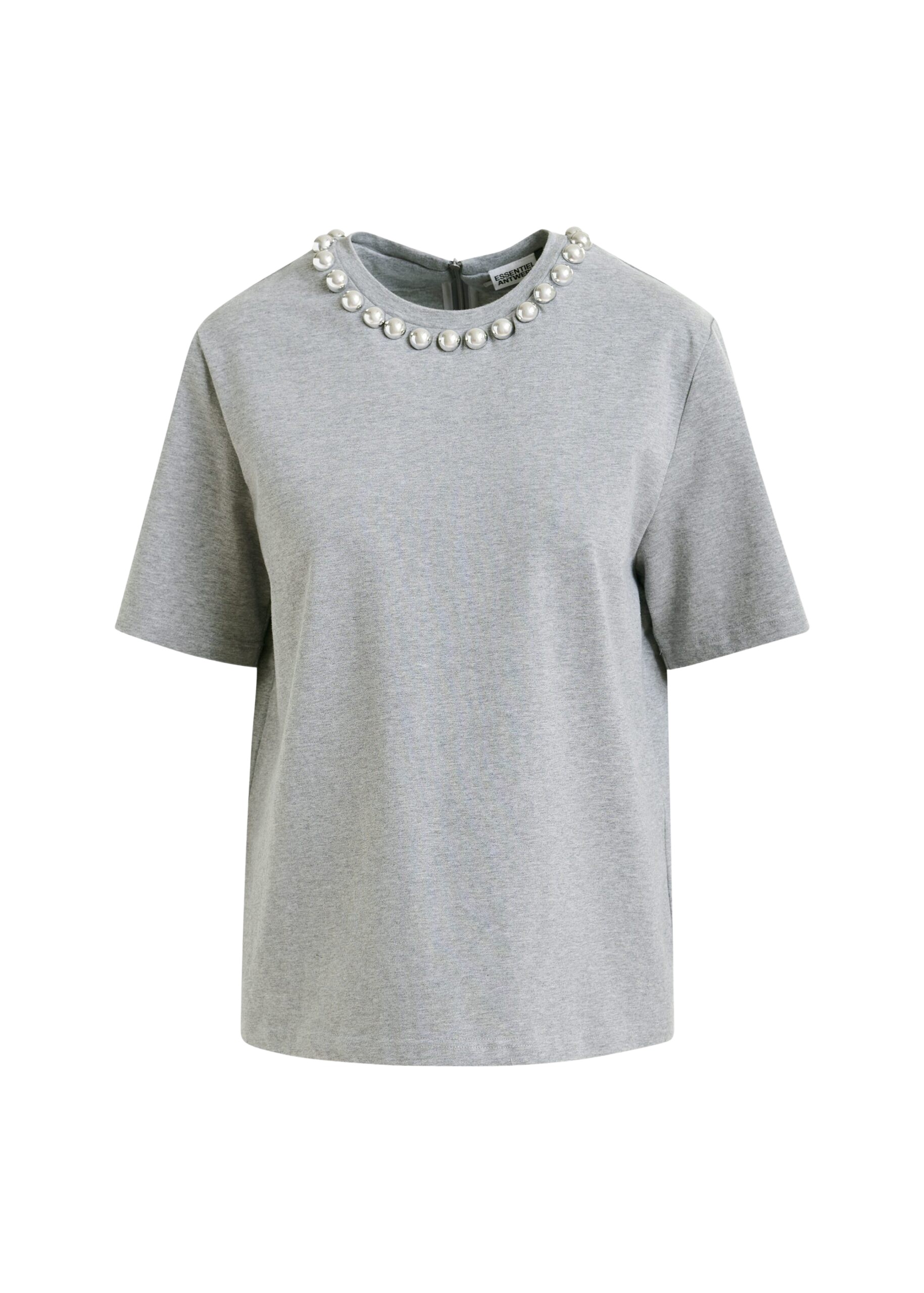 Essentiel Antwerp Grey and silver cotton T-shirt with metallic pearl-style embellishments Top