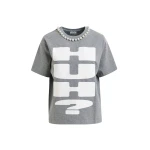 Essentiel Antwerp Grey and white cotton T-shirt with "HUH?"- print and bead embellishments - Essentiel Antwerp Shirts - Colorful Belgian Design - Shop at Luxury Shoes 