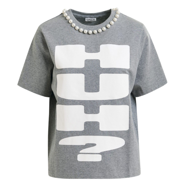 Essentiel Antwerp Grey and white cotton T-shirt with “HUH?”- print and bead embellishments Top