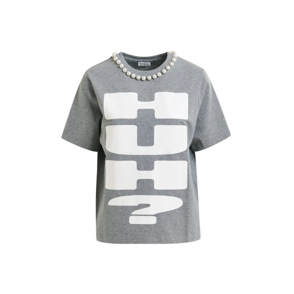 Essentiel Antwerp Grey and white cotton T-shirt with "HUH?"- print and bead embellishments - Essentiel Antwerp Shirts - Colorful Belgian Design - Shop at Luxury Shoes 