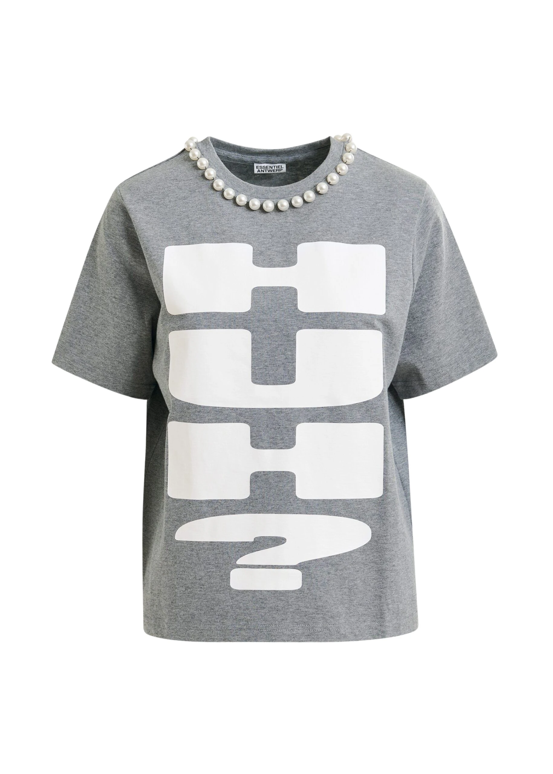 Grey-and-white-cotton-T-shirt-with-HUH-print-and-bead-embellishments-Essentiel-Antwerp-Shirts-scaled91393_nobg Essentiel Antwerp Grey and white cotton T-shirt with "HUH?"- print and bead embellishments - Essentiel Antwerp Shirts - Colorful Belgian Design - Shop at Luxury Shoes