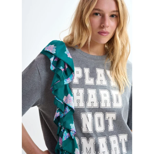 Essentiel Antwerp Grey and white printed cotton T-shirt with turquoise cascading frills - Essentiel Antwerp Shirts - Colorful Belgian Design - Shop at Luxury Shoes 