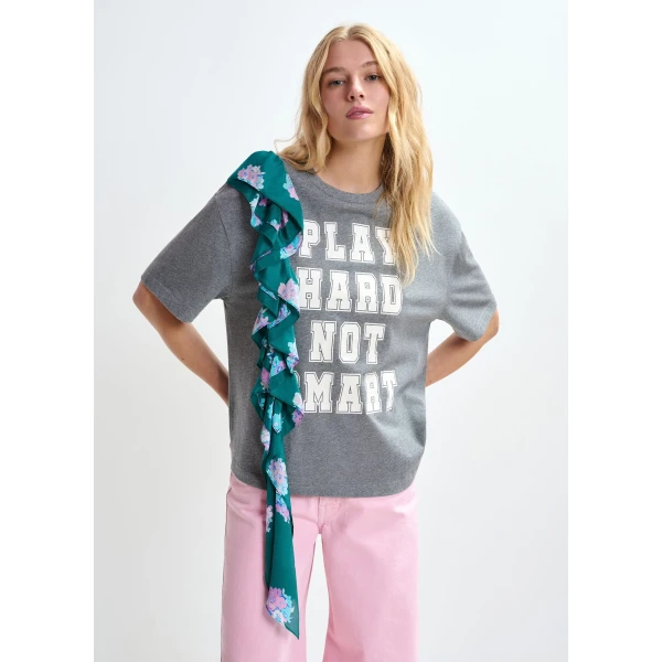 Essentiel Antwerp Grey and white printed cotton T-shirt with turquoise cascading frills - Essentiel Antwerp Shirts - Colorful Belgian Design - Shop at Luxury Shoes 