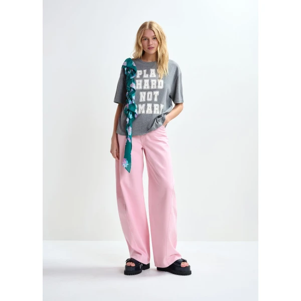 Essentiel Antwerp Grey and white printed cotton T-shirt with turquoise cascading frills - Essentiel Antwerp Shirts - Colorful Belgian Design - Shop at Luxury Shoes 