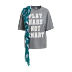 Essentiel Antwerp Grey and white printed cotton T-shirt with turquoise cascading frills - Essentiel Antwerp Shirts - Colorful Belgian Design - Shop at Luxury Shoes 