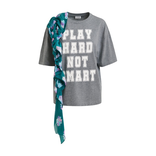 Essentiel Antwerp Grey and white printed cotton T-shirt with turquoise cascading frills - Essentiel Antwerp Shirts - Colorful Belgian Design - Shop at Luxury Shoes 