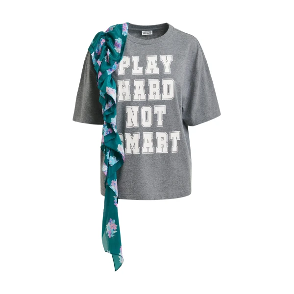 Essentiel Antwerp Grey and white printed cotton T-shirt with turquoise cascading frills - Essentiel Antwerp Shirts - Colorful Belgian Design - Shop at Luxury Shoes 