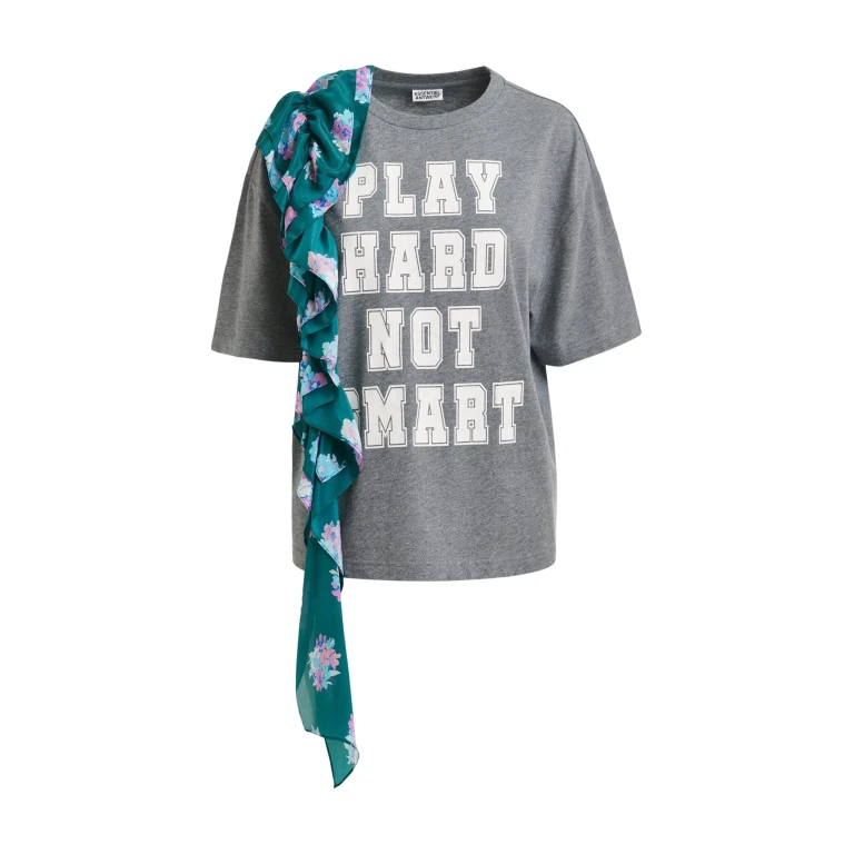 Essentiel Antwerp Grey and white printed cotton T-shirt with turquoise cascading frills - Essentiel Antwerp Shirts - Colorful Belgian Design - Shop at Luxury Shoes 