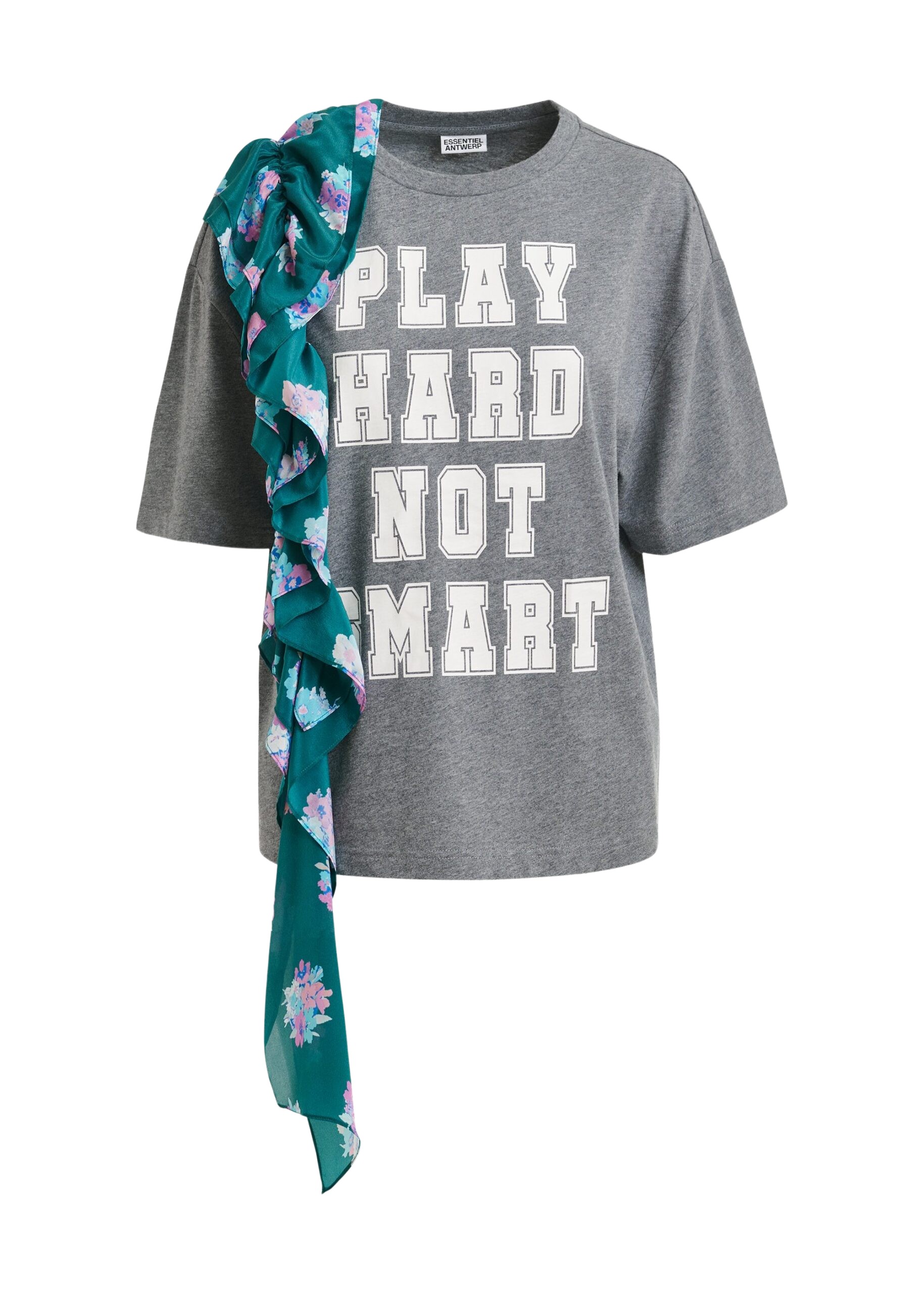 Essentiel Antwerp Grey and white printed cotton T-shirt with turquoise cascading frills Top