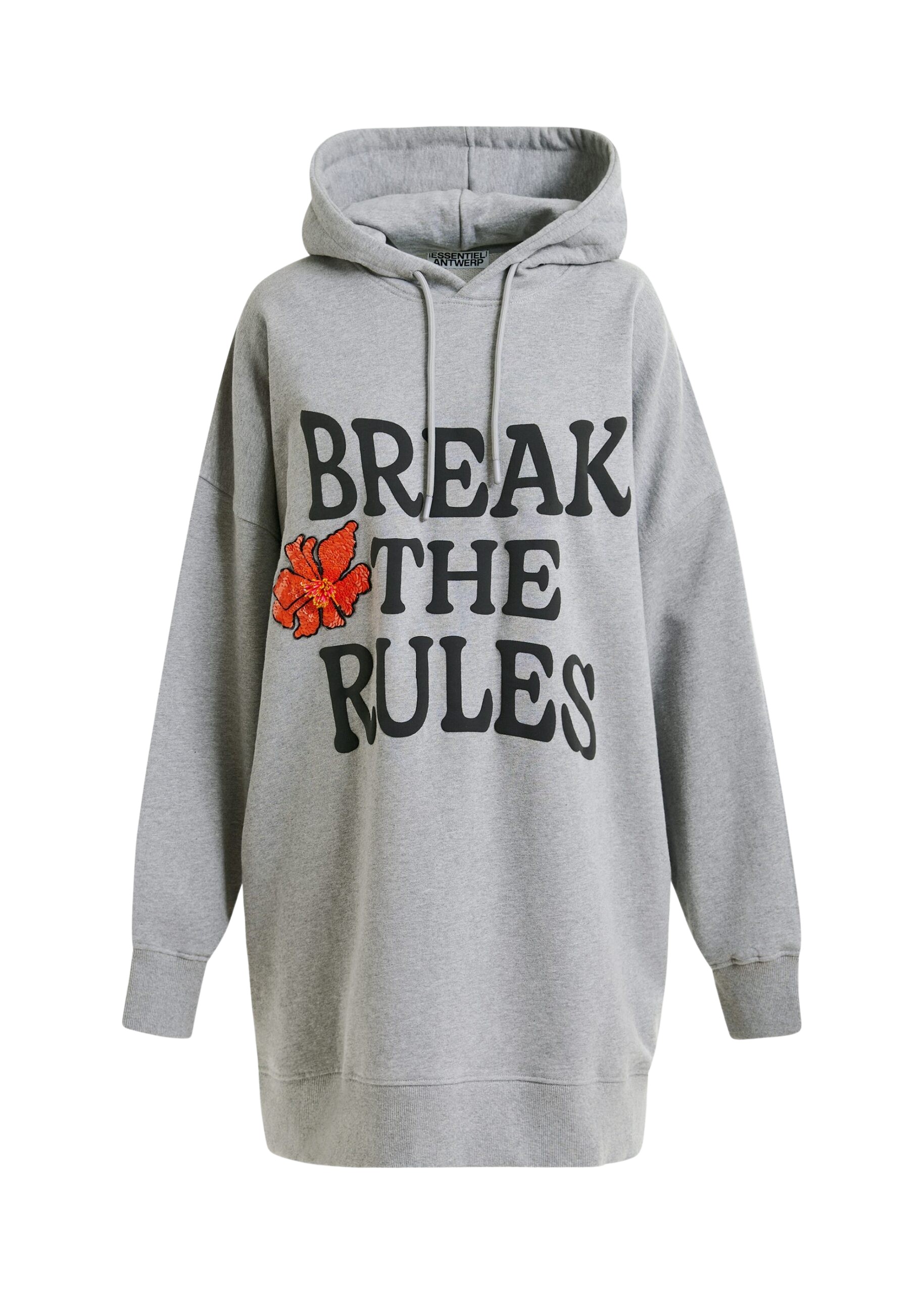 Essentiel Antwerp Grey, black and orange cotton hoodie mini dress with sequin and-bead embroideries