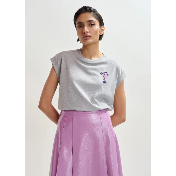Essentiel Antwerp Grey cotton T-shirt with bead embroidery - Essentiel Antwerp Shirts - Colorful Belgian Design - Shop at Luxury Shoes 