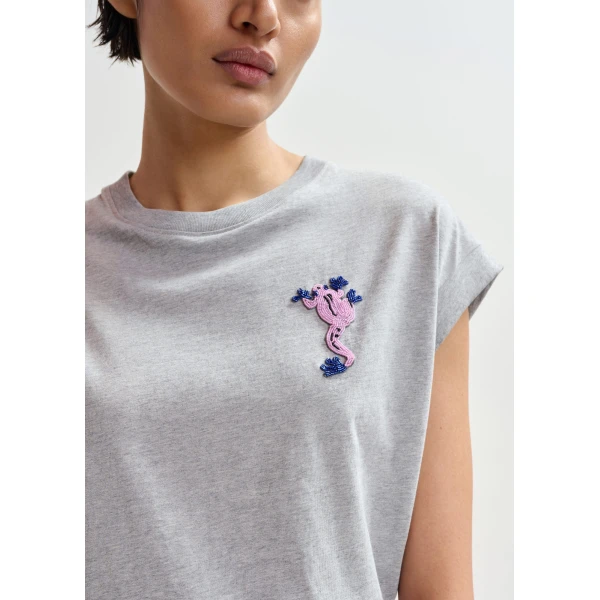 Essentiel Antwerp Grey cotton T-shirt with bead embroidery - Essentiel Antwerp Shirts - Colorful Belgian Design - Shop at Luxury Shoes 